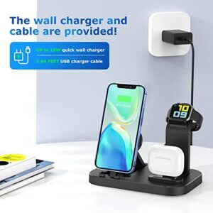 Charging Station for Multiple Devices Apple, 3 in 1 Charging Station for iPhone/iWatch/AirPods, 15W Fast Charging Dock Compatible with Apple Watch Series 7/6/5/SE/4/3/2/1 with Block & Cable, Black