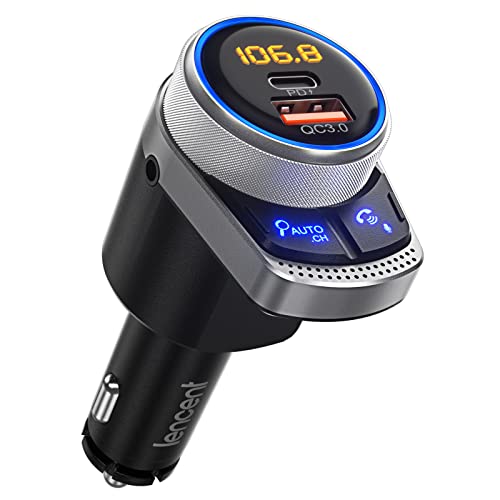 LENCENT FM Transmitter Bluetooth in-car, Auto-Tune Frequency Auto Search Bluetooth Radio Frequency Wireless Car Adapter, Type-C PD 20W & QC3.0 Quick Fast Charge, Support AUX and Hands-Free Calling