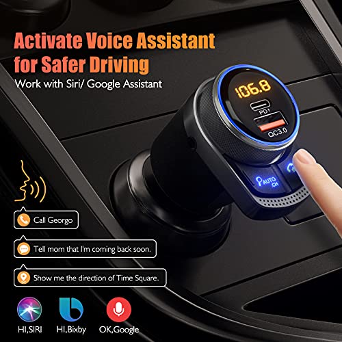 LENCENT FM Transmitter Bluetooth in-car, Auto-Tune Frequency Auto Search Bluetooth Radio Frequency Wireless Car Adapter, Type-C PD 20W & QC3.0 Quick Fast Charge, Support AUX and Hands-Free Calling