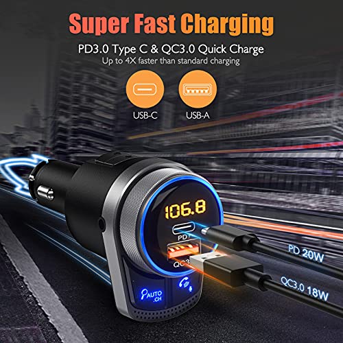 LENCENT FM Transmitter Bluetooth in-car, Auto-Tune Frequency Auto Search Bluetooth Radio Frequency Wireless Car Adapter, Type-C PD 20W & QC3.0 Quick Fast Charge, Support AUX and Hands-Free Calling