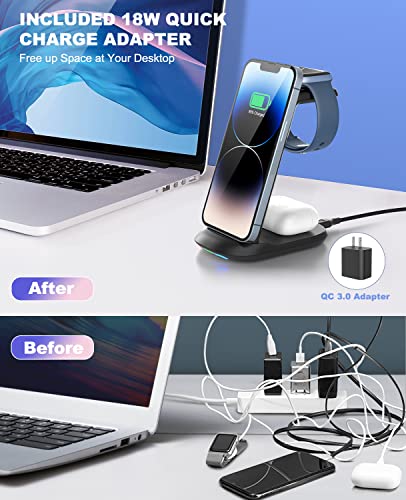 Wireless Charging Station,3 in 1 Fast Charger Stand Compatible with iPhone 14/13/12/11 Pro Max/X/Xs Max/8/8 Plus, iWatch Series ultra/8/7/6/5/SE/4/3/2, AirPods 3/2/pro/pro 2