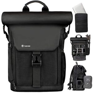 tarion camera backpack with removable 16″ laptop sleeve canvas camera bag photography backpack for dslr slr mirrorless cameras video camcorder includes waterproof raincover black rolltop dslr backpack