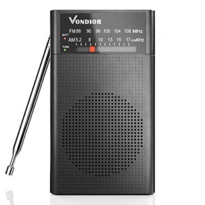 vondior am fm radio – best reception and longest lasting. am fm battery operated portable pocket player operated by 2 aa battery, mono headphone socket (black)