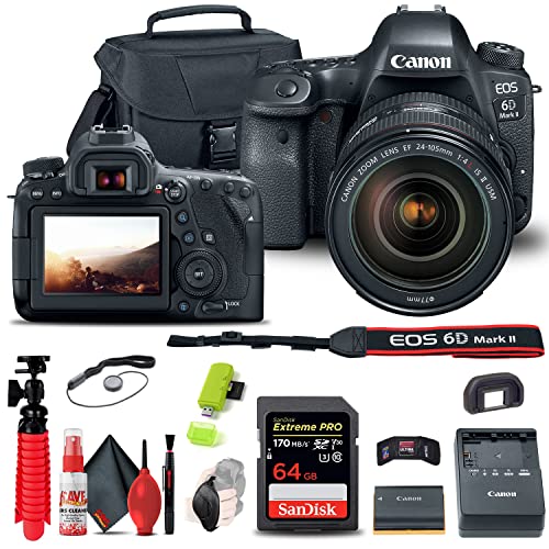 Canon EOS 6D Mark II DSLR Camera with 24-105mm f/4L II Lens (1897C009) + 64GB Memory Card + Case + Card Reader + Flex Tripod + Hand Strap + Cap Keeper + Memory Wallet + Cleaning Kit (Renewed)