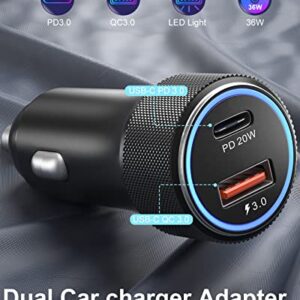 USB C Car Charger 2-Pack, Eversame 36W PD3.0 & QC3.0 Dual USB Fast Car Charger Adapter for Samsung Galaxy S22/S21/Google Pixel 6/iPhone 14/14 Pro Max/14 Pro/14 Plus/13/12/iPad Pro-6FT C-C Cable-Black