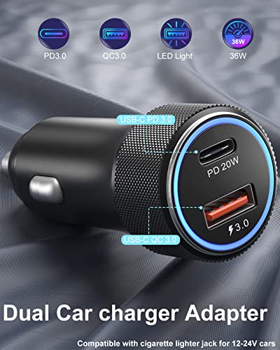 USB C Car Charger 2-Pack, Eversame 36W PD3.0 & QC3.0 Dual USB Fast Car Charger Adapter for Samsung Galaxy S22/S21/Google Pixel 6/iPhone 14/14 Pro Max/14 Pro/14 Plus/13/12/iPad Pro-6FT C-C Cable-Black