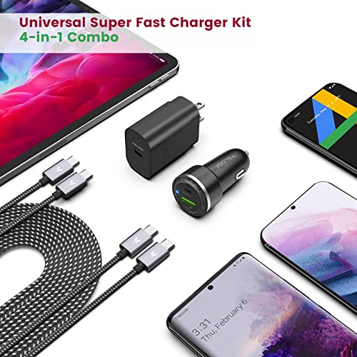 Super Fast Charger Type C Kit, VELOGK 25W PD PPS USB C Wall/Car Charger for Samsung Galaxy S23 Ultra/S23+/S23/S22/S21/S20/Plus/Ultra/FE/Note 20/10/A71, iPad Pro, with 2X Nylon USB C-to-C Cable(3.3ft)