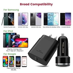 Super Fast Charger Type C Kit, VELOGK 25W PD PPS USB C Wall/Car Charger for Samsung Galaxy S23 Ultra/S23+/S23/S22/S21/S20/Plus/Ultra/FE/Note 20/10/A71, iPad Pro, with 2X Nylon USB C-to-C Cable(3.3ft)