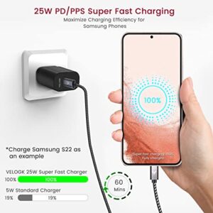 Super Fast Charger Type C Kit, VELOGK 25W PD PPS USB C Wall/Car Charger for Samsung Galaxy S23 Ultra/S23+/S23/S22/S21/S20/Plus/Ultra/FE/Note 20/10/A71, iPad Pro, with 2X Nylon USB C-to-C Cable(3.3ft)