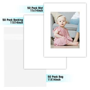 Golden State Art, Acid Free, Pack of 50 11x14 White Picture Mats Mattes with White Core Bevel Cut for 8x10 Photo + Backing + Bags