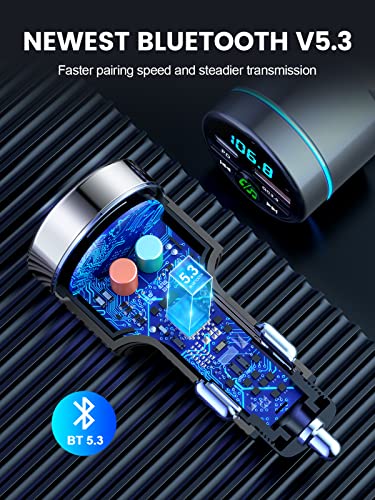 FM Transmitter for Car Bluetooth 5.3, RIWUSI [All-Metal] PD 20W & QC3.0 18W Fast Car Charger, Wireless FM Radio Car Kit Bluetooth Car Adapter, Noise Cancelling Hands-Free Call, Hi-Fi Music, Blue Light