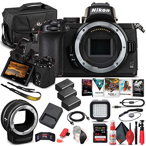 Nikon Z 50 Mirrorless Digital Camera (Body Only) (1634) + FTZ Mount Adapter + 2 x EN-EL25 Battery + 64GB Card + Case + Corel Software + LED Light + HDMI Cable + More (International Model) (Renewed)