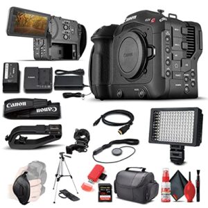 canon eos c70 cinema camera (rf lens mount) (4507c002), 128gb extreme pro sd card, tripod, hdmi cable, case, led light, card reader, cleaning set, cap keeper, hand strap (renewed)