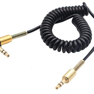 AAOTOKK 3.5mm Coiled Cable 90 Degree Right Angle 3-Pole 3.5mm Male to 3.5mm Male Right Angle TRS Jack Stereo Audio Spring Aux Cable for All 3.5mm-Enabled Smartphones,Tablet and MP3 Players(1.5m)