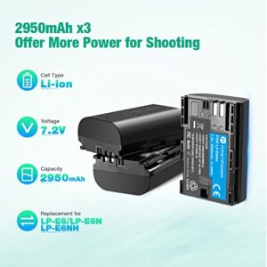 FirstPower LP-E6NH Battery 3-Pack and Triple Slot Charger Compatible with Canon EOS R R5 R6 R7 60D 70D 80D 90D 5D Mark II III IV 6D 6D II 7D 7D II Camera