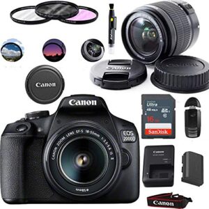canon eos 2000d (rebel t7) digital slr camera with 18-55mm lens kit (black) – basic accessories bundle of scandisk 16gb sd card + sd card reader + 58mm 3pcs filter kit + brush pen (renewed)