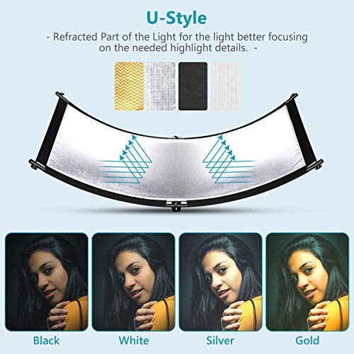 Neewer Clamshell Light Reflector Diffuser with Carrying Bag, 66”×24”/155x61cm Photography Curved Lighting Reflector for Photo Studio Photography, Black/White/Gold/Silver Colors (Stand Not Included)