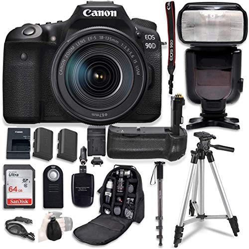 Canon EOS 90D Digital SLR Camera & 18-135mm USM Lens Bundle with Battery Grip & Professional Accessory Bundle (16 Items)