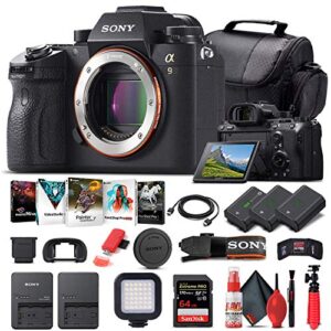 sony alpha a9 mirrorless digital camera (body only) (ilce9/b) + 64gb memory card + 2 x np-fz-100 battery + corel photo software + case + external charger + card reader + led light + more (renewed)