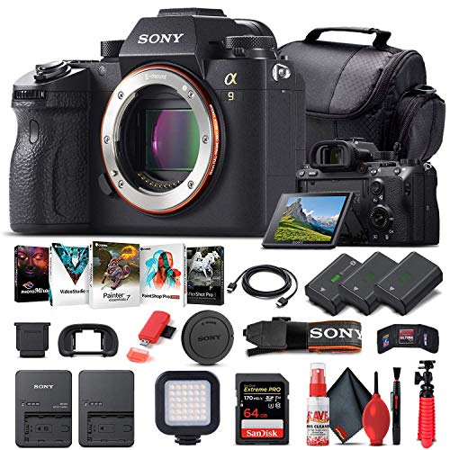 Sony Alpha a9 Mirrorless Digital Camera (Body Only) (ILCE9/B) + 64GB Memory Card + 2 x NP-FZ-100 Battery + Corel Photo Software + Case + External Charger + Card Reader + LED Light + More (Renewed)