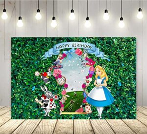 alice in wonderland backdrop for birthday party supplies 5x3ft green leaves photo background for alice wonderland theme party cake table decorations baby shower banner
