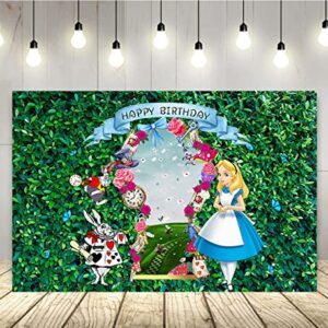 Alice in Wonderland Backdrop for Birthday Party Supplies 5x3ft Green Leaves Photo Background for Alice Wonderland Theme Party Cake Table Decorations Baby Shower Banner