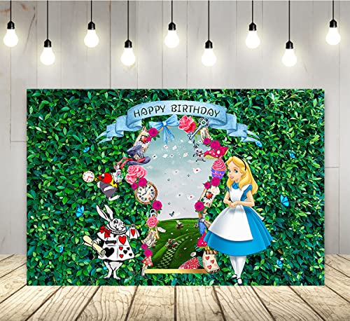 Alice in Wonderland Backdrop for Birthday Party Supplies 5x3ft Green Leaves Photo Background for Alice Wonderland Theme Party Cake Table Decorations Baby Shower Banner