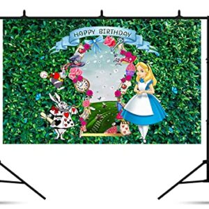 Alice in Wonderland Backdrop for Birthday Party Supplies 5x3ft Green Leaves Photo Background for Alice Wonderland Theme Party Cake Table Decorations Baby Shower Banner