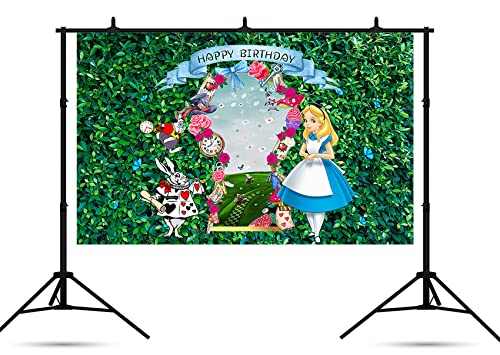 Alice in Wonderland Backdrop for Birthday Party Supplies 5x3ft Green Leaves Photo Background for Alice Wonderland Theme Party Cake Table Decorations Baby Shower Banner