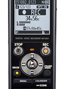 Olympus WS-853 black voice recorder with true stereo mic, 8GB, 110 hours battery life, voice balance, direct USB connection, with MP3 file format.