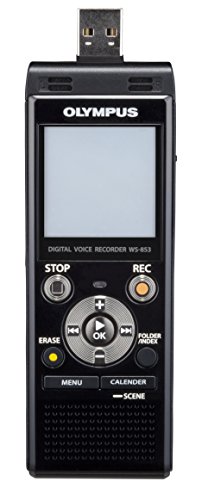 Olympus WS-853 black voice recorder with true stereo mic, 8GB, 110 hours battery life, voice balance, direct USB connection, with MP3 file format.