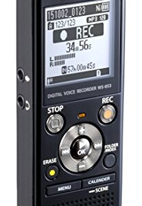 Olympus WS-853 black voice recorder with true stereo mic, 8GB, 110 hours battery life, voice balance, direct USB connection, with MP3 file format.