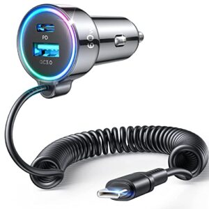 usb c car charger, 60w super fast car charger pd& qc3.0 with 5ft 30w super fast type c coiled cable, car charger for samsung galaxy s23/s22/s21/google pixel/moto/lg/android, ipad pro