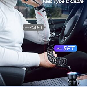 USB C Car Charger, 60W Super Fast Car Charger PD& QC3.0 with 5ft 30W Super Fast Type C Coiled Cable, Car Charger for Samsung Galaxy S23/S22/S21/Google Pixel/Moto/LG/Android, iPad Pro