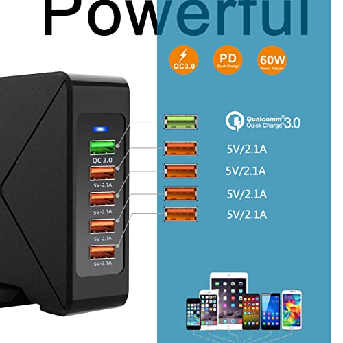 Wyssay 60W 5-Port USB Power Charger, USB Charging Station - Multi Charger,USB Fast Charger Compatible with iPhone 13/12 Mini/11/Xs/XR/X/8 Plus/7/6s/5/iPad