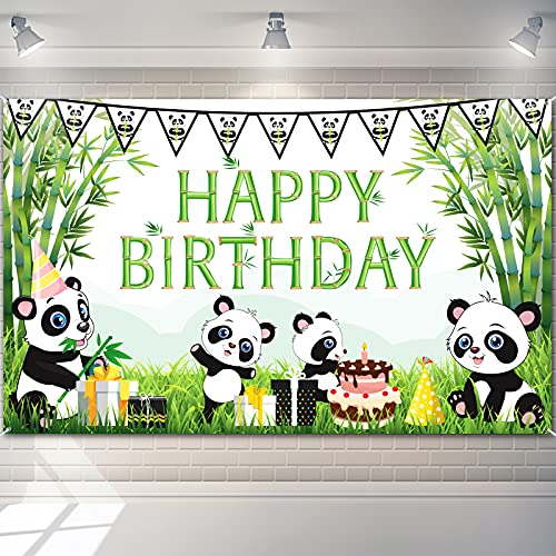 Cartoon Panda Happy Birthday Backdrop Green Bamboo Panda Theme Baby Shower Photo Background Kids Children Newborn Birthday Party Decorations Cake Table Decorations