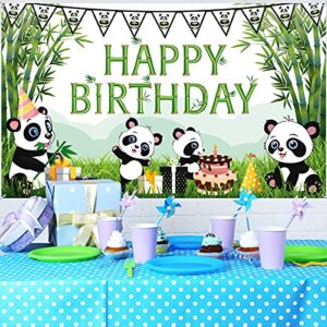 Cartoon Panda Happy Birthday Backdrop Green Bamboo Panda Theme Baby Shower Photo Background Kids Children Newborn Birthday Party Decorations Cake Table Decorations