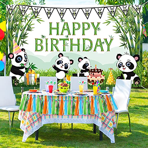 Cartoon Panda Happy Birthday Backdrop Green Bamboo Panda Theme Baby Shower Photo Background Kids Children Newborn Birthday Party Decorations Cake Table Decorations