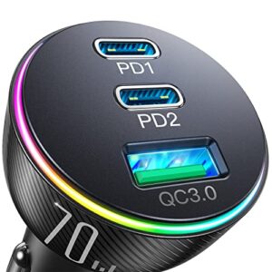 70w usb c car charger, joyroom dual pd35w & qc3.0 super fast charging, compatible with iphone 14 pro max/14 plus/13 pro max/ipad pro, samsung galaxy s23 ultra/s22/s21, google pixel
