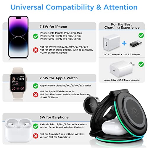 Wireless Charging Station, 3 in 1 Foldable Fast Wireless Charger Pad [Compatible with Magsafe Charger] for iPhone 14/Pro/Max/Plus/13/12 Series, AirPods 3/2/Pro, Apple Watch/iWatch - Black