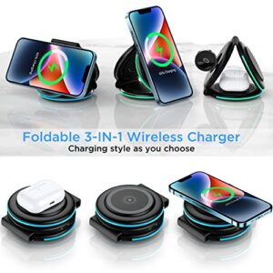 Wireless Charging Station, 3 in 1 Foldable Fast Wireless Charger Pad [Compatible with Magsafe Charger] for iPhone 14/Pro/Max/Plus/13/12 Series, AirPods 3/2/Pro, Apple Watch/iWatch - Black