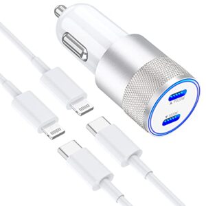 [apple mfi certified] iphone usb-c fast car charger, 60w pd (30w + 30w) dual port fast charging metal rapid car charger with 2pack c to lightning cable for iphone 14/13/12/11/xs/xr/x/se/8/ipad/airpods