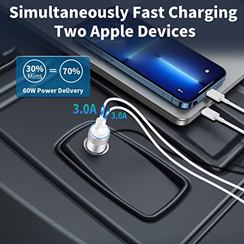 [Apple MFi Certified] iPhone USB-C Fast Car Charger, 60W PD (30W + 30W) Dual Port Fast Charging Metal Rapid Car Charger with 2Pack C to Lightning Cable for iPhone 14/13/12/11/XS/XR/X/SE/8/iPad/AirPods