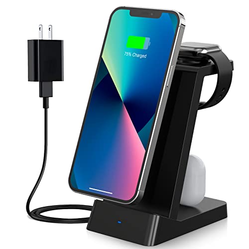 Wireless Charging Station,Wireless Charger Compatible with iPhone 14 Pro Max/13/12/11/X/8 Plus, 3 in 1 Fast Charging Stand Dock for Airpods 1/2/Pro, Apple Watch Series(with Adapter)