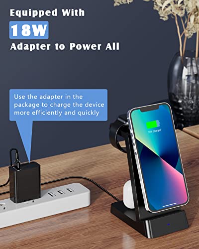 Wireless Charging Station,Wireless Charger Compatible with iPhone 14 Pro Max/13/12/11/X/8 Plus, 3 in 1 Fast Charging Stand Dock for Airpods 1/2/Pro, Apple Watch Series(with Adapter)