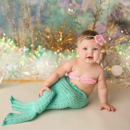 M&G House Newborn Photography Prop Mermaid Outfit Baby Photo Props Handmade Crochet Mermaid Tail Outfit Baby Mermaid Costume Set Headband Bra Tail(Aquamarine)