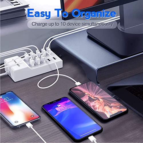 USB Wall Charger 10-Port USB Charger Station with Rapid Charging Auto Detect Technology Safety Guaranteed Family-Sized Smart USB Ports for Multiple Devices Smart Phone Tablet Laptop Computer