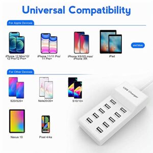 USB Wall Charger 10-Port USB Charger Station with Rapid Charging Auto Detect Technology Safety Guaranteed Family-Sized Smart USB Ports for Multiple Devices Smart Phone Tablet Laptop Computer