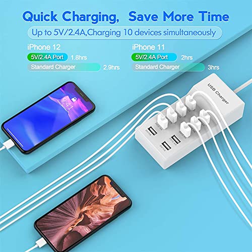 USB Wall Charger 10-Port USB Charger Station with Rapid Charging Auto Detect Technology Safety Guaranteed Family-Sized Smart USB Ports for Multiple Devices Smart Phone Tablet Laptop Computer