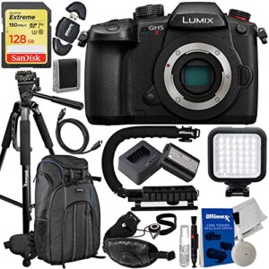 panasonic lumix gh5m2 gh5 ii mirrorless camera (body only) + sandisk 128gb extreme sdxc, deluxe water-resistant camera backpack, lightweight 60” tripod, action grip stabilizer & more (22pc bundle)